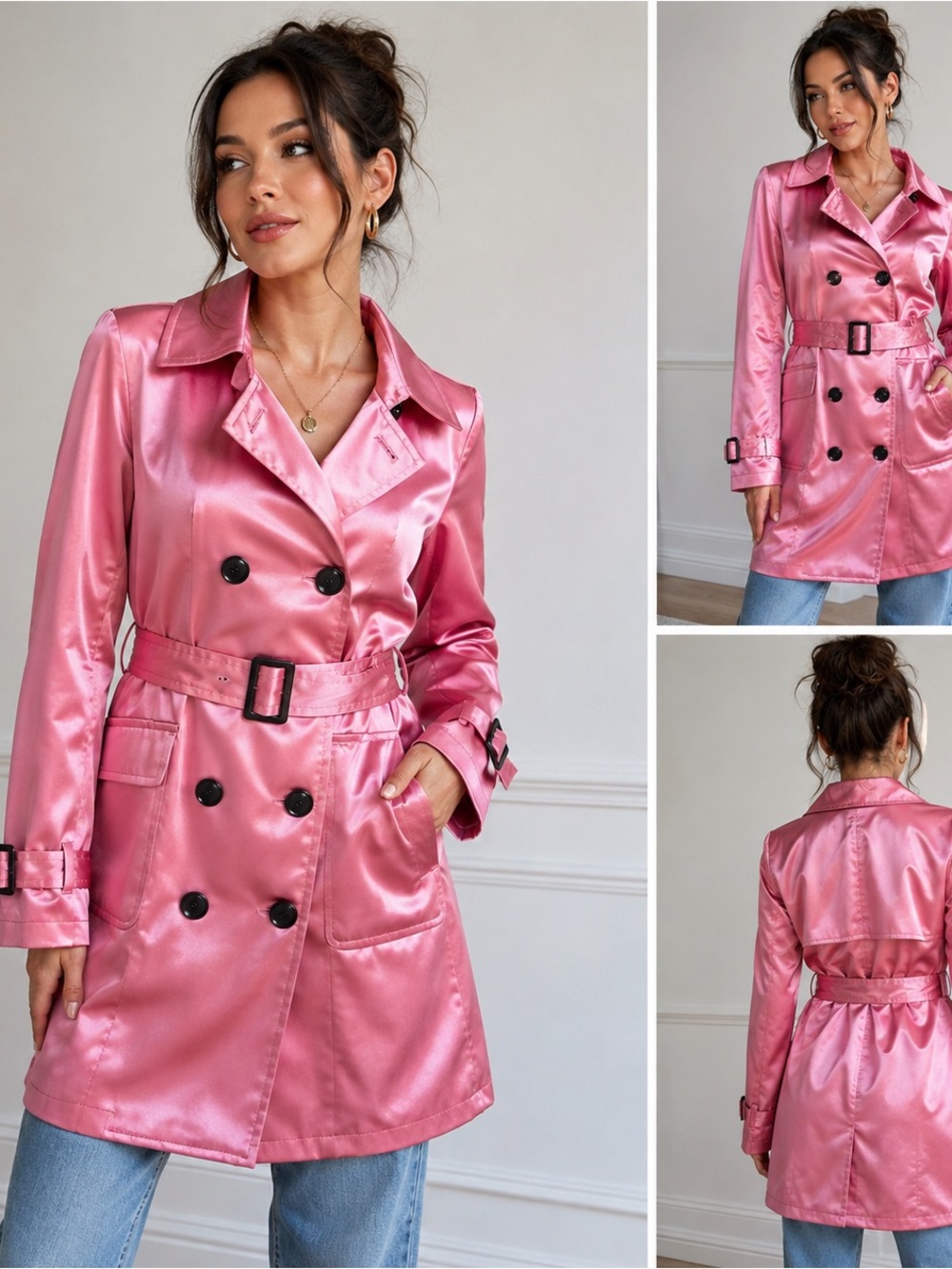 INC International Concepts Pink Satin Trench Coat Belted Y2K Barbiecore Size L